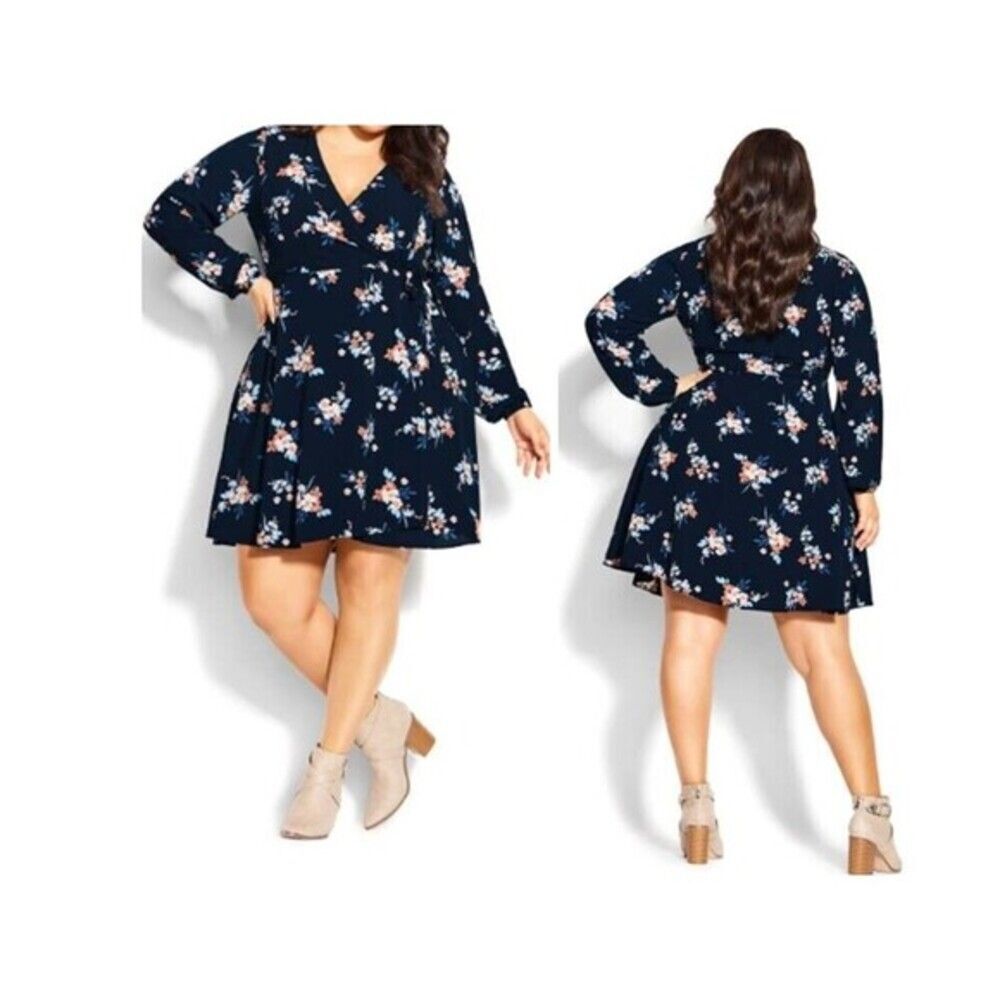 City Chic Size 24 Women's Elegant Floral Wrap Mini Dress Party Black Babydoll